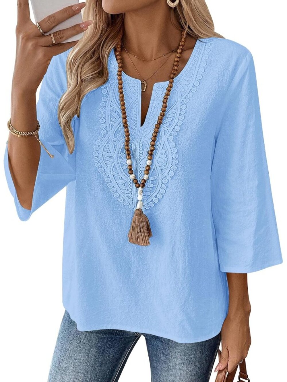 Womens 3/4 Sleeve Tops Linen Shirts Cotton Tops